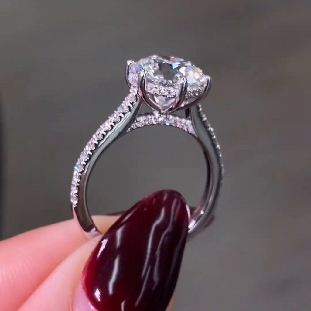 100% 925 Sterling Silver Pav Ring 2-Carat Round Center Stone